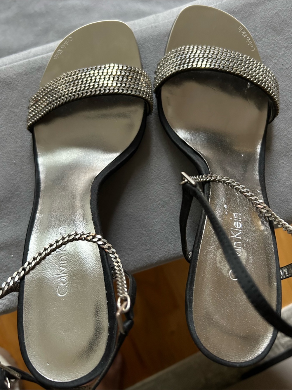Calvin Klein Metallic Silver Chain-Trim Heeled Sandals. Brand new- never worn
